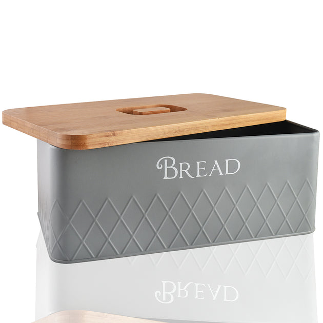 Large Ceramic Bread Bin, Frosted Grey, With Wooden Lid Oak or