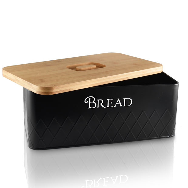 Bread Box with Bamboo Cutting Board Lid - Black