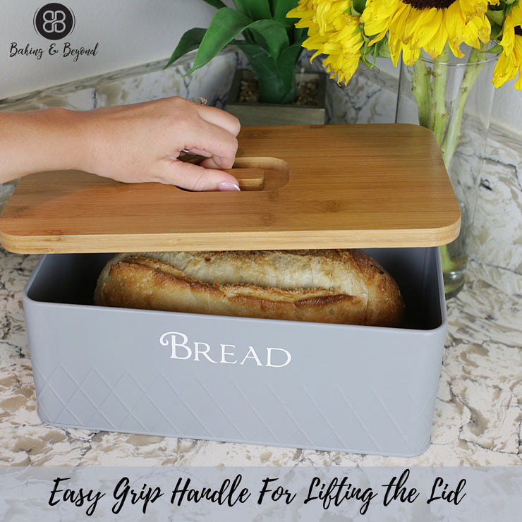 Bread Box with Bamboo Cutting Board Lid - Grey