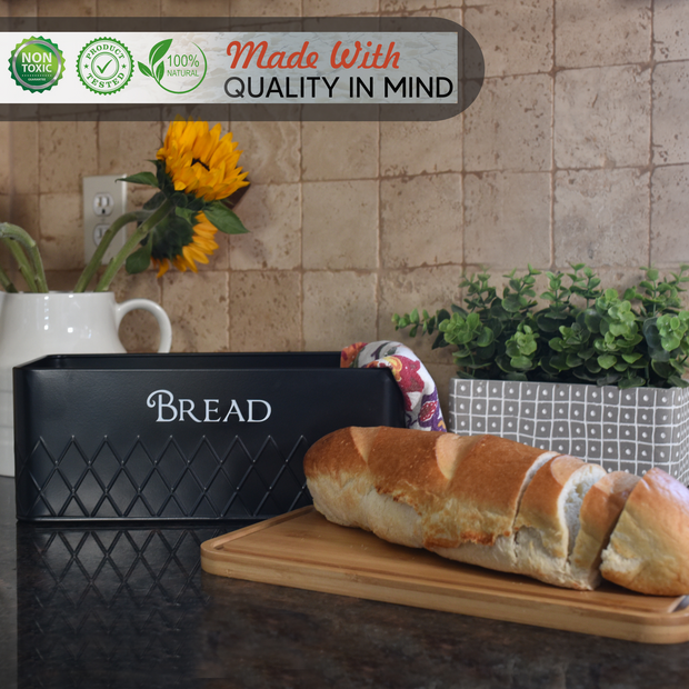 Bread Box with Bamboo Cutting Board Lid - Black