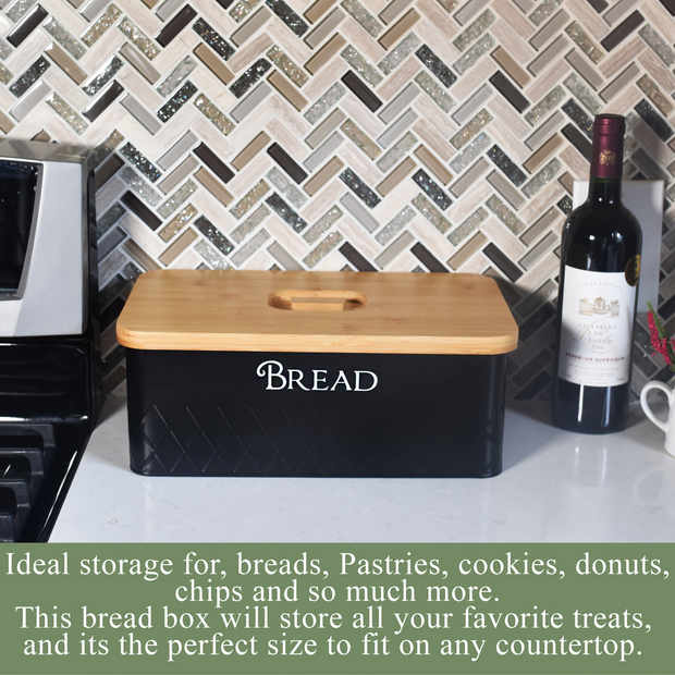 Bread Box with Bamboo Cutting Board Lid - Black