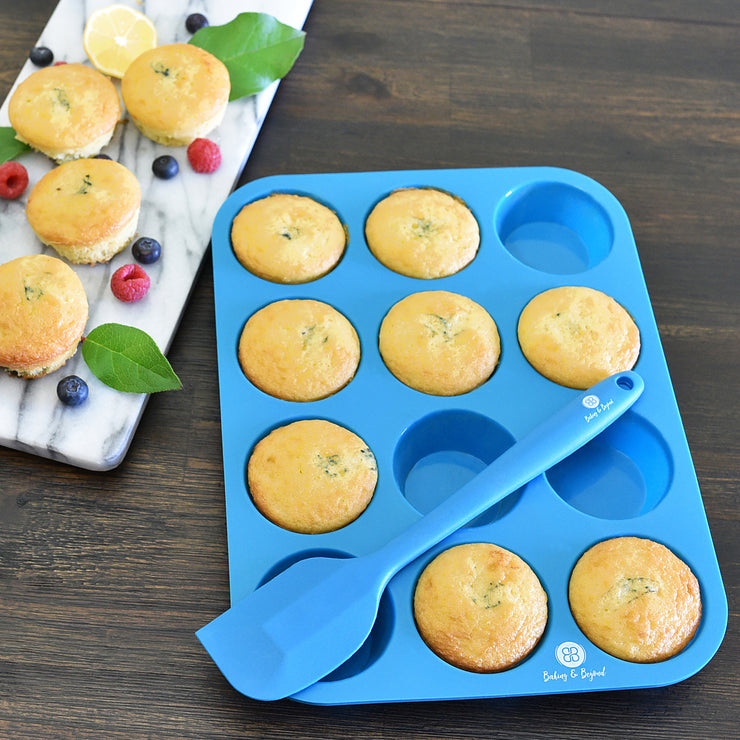 homEdge 12-Cup Silicone Muffin Pan, Pack of 2 Non-Stick Muffin Molds, Baking Pan for Cupcake, Tarts, Egg Bites-Blue