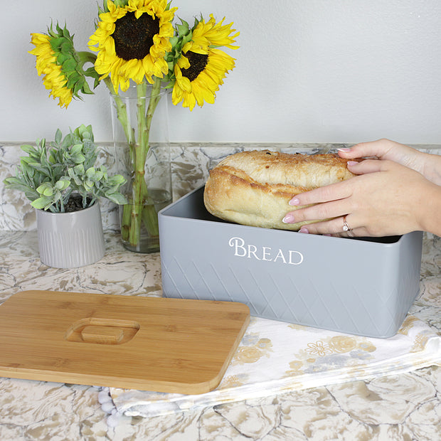 Bread Box with Bamboo Cutting Board Lid - Grey