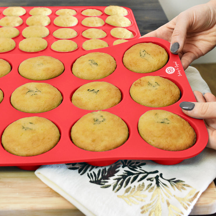 Nogis Silicone Cupcake Pan - Silicone Muffin Pans for Baking - Nonstick Silicon Muffin Molds & 24 Mini Muffin Tin Red